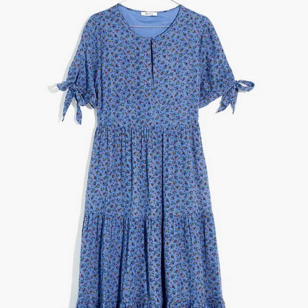 Tie-Sleeve Tiered Midi Dress in Calico Floral